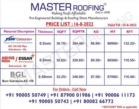 tata roofing sheets price list